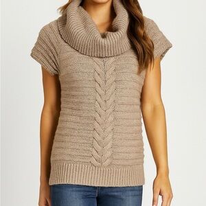Elena Solano Tan Braided Cowl Neck Wool Blend Sweater XL Short Sleeve Tunic
